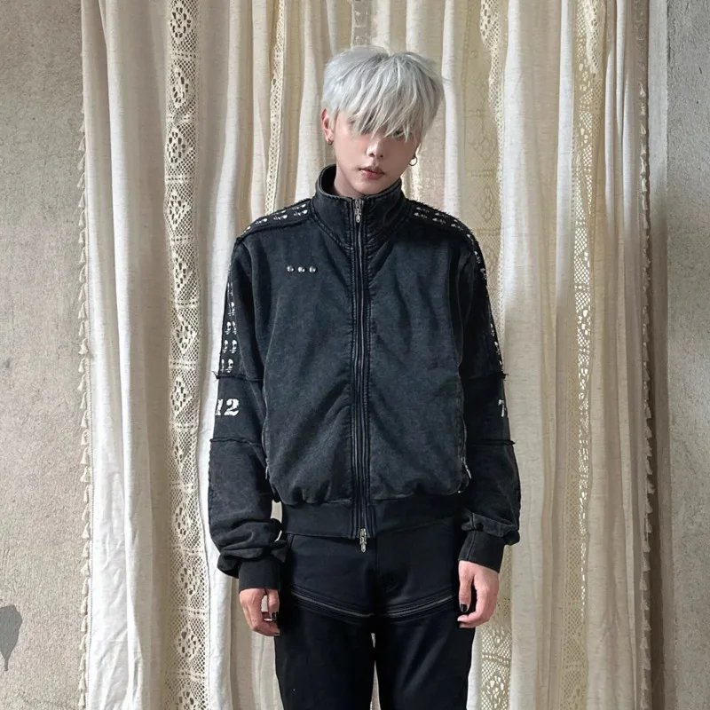 HKSH Spring Autumn New Men's Tide Chic Ins Punk Heavy Washed Vintage Printed Patchwork Subculture Silhouette Sweatshirt HK26402