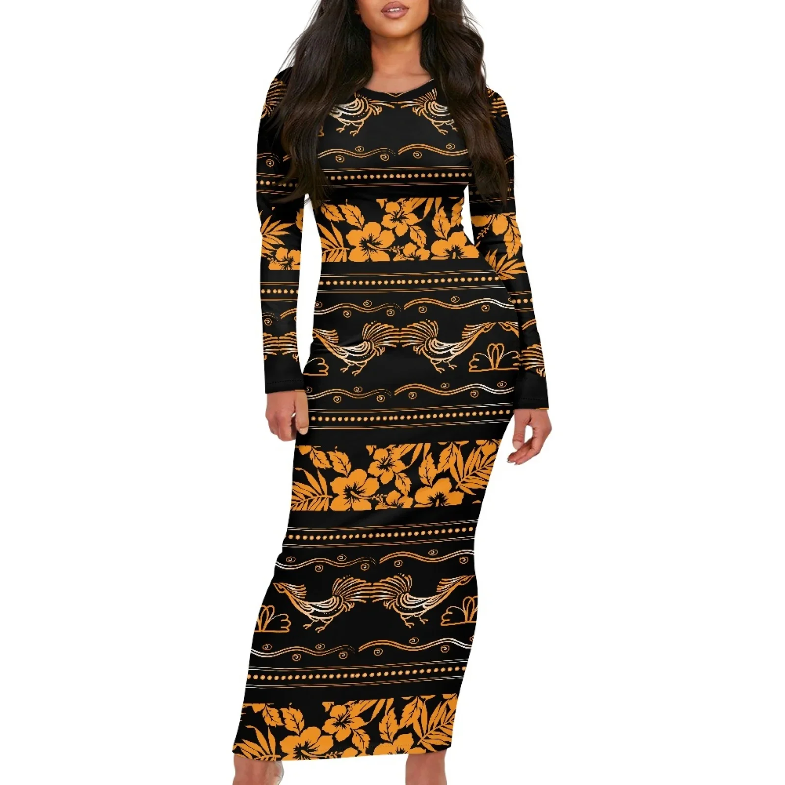 Polynesian Tribal Fijian Totem Tattoo Fiji Prints Elegant Knitted Long Sleeves O-Neck Maxi Dress Lady Commuter Hibiscus Dresses