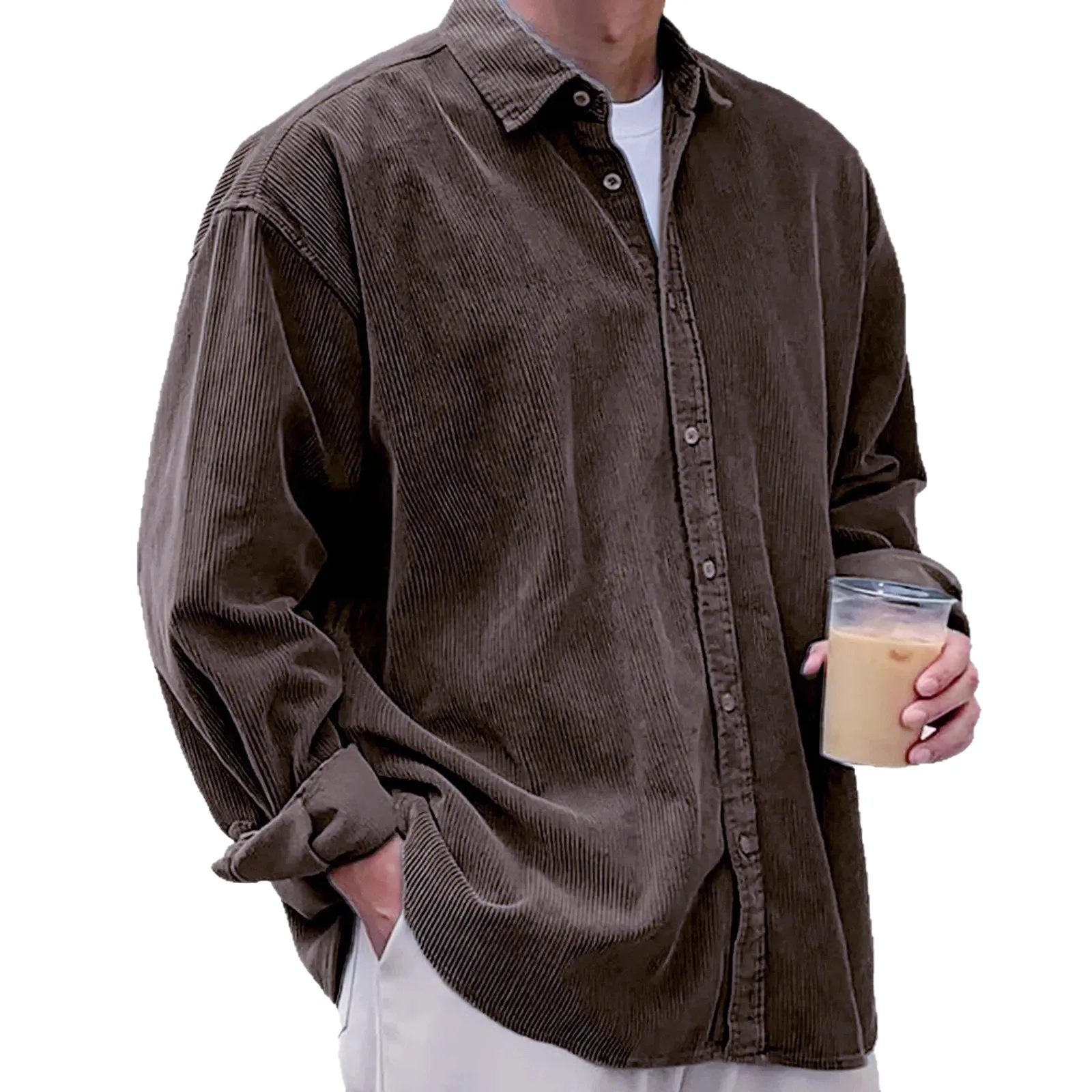Men's Autumn Winter Corduroy Long Sleeve Shirt Casual Loose Fit Thick Shirts Jacket