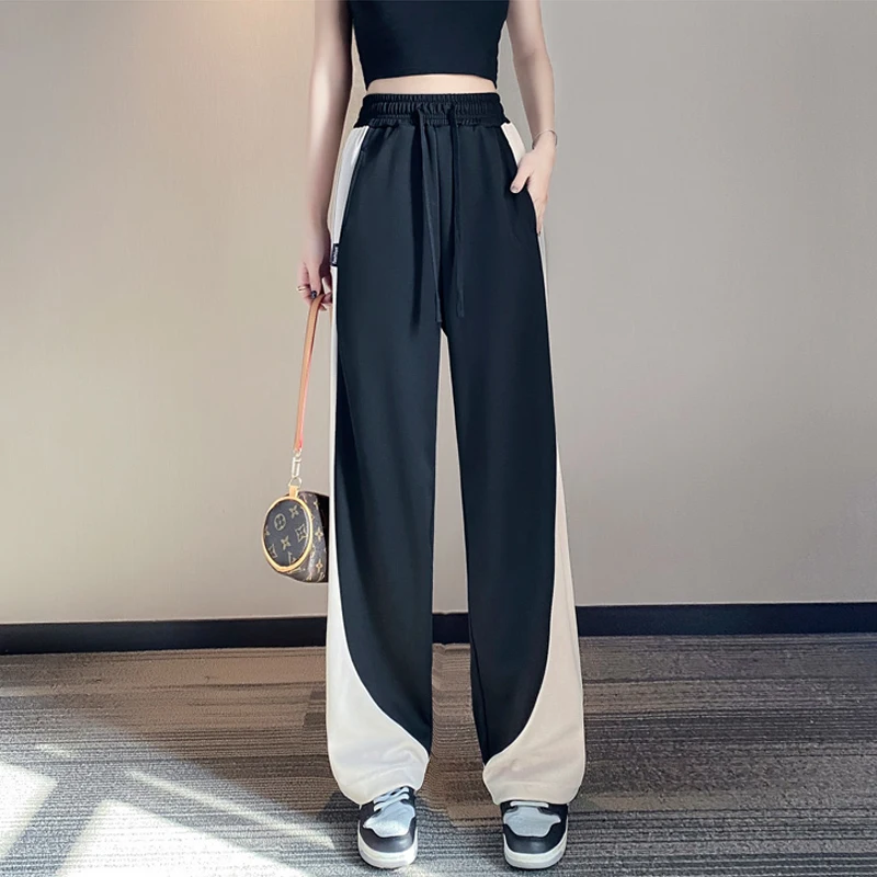 

New Sports Patchwork Sweatpants Women Fashion High Waist Drawstring Loose Wide Leg Pants Female Streetwear