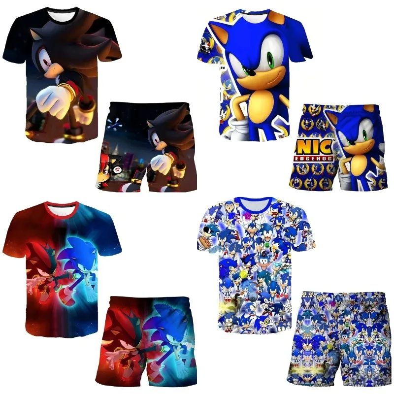 

New 2025 Japanese Cartoon Sonics T-shirt Children's Top T-shirt Shorts Two-piece Set Summer Boy Cartoon Cute T-shirt+beach Pants