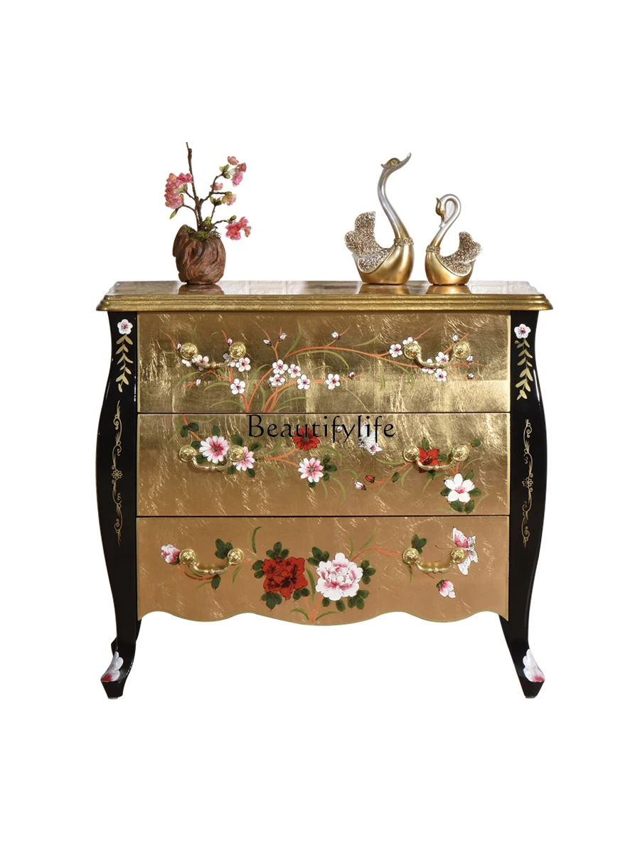 

American Painted Gold Foil Vintage Locker New Chinese Solid Wood Entrance Cabinet