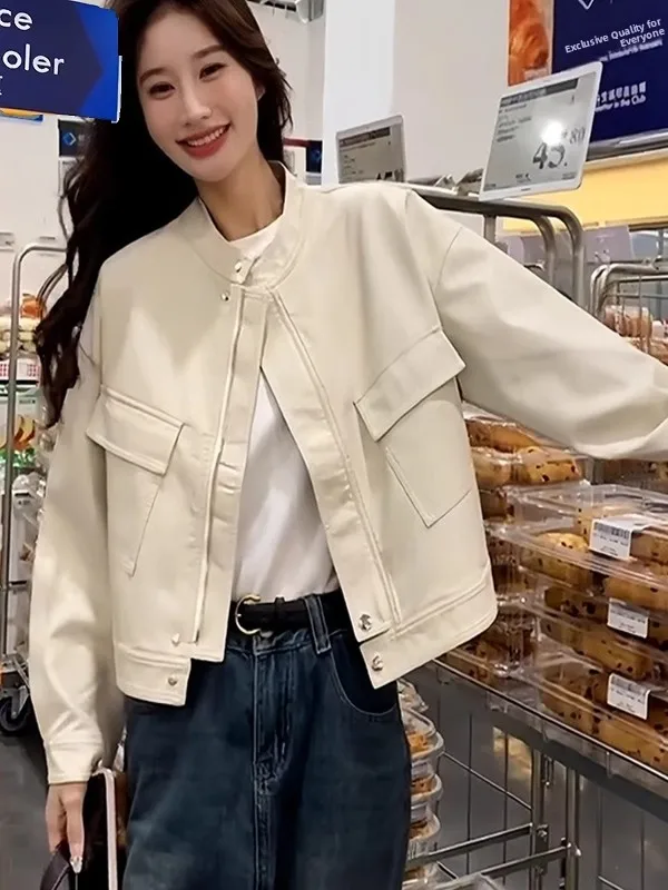 

Short Women's Leather Jacket Loose Fit Versatile Spring 2025 Korean Style Fashionable Trendy Commute Style Long Sleeve Zipper