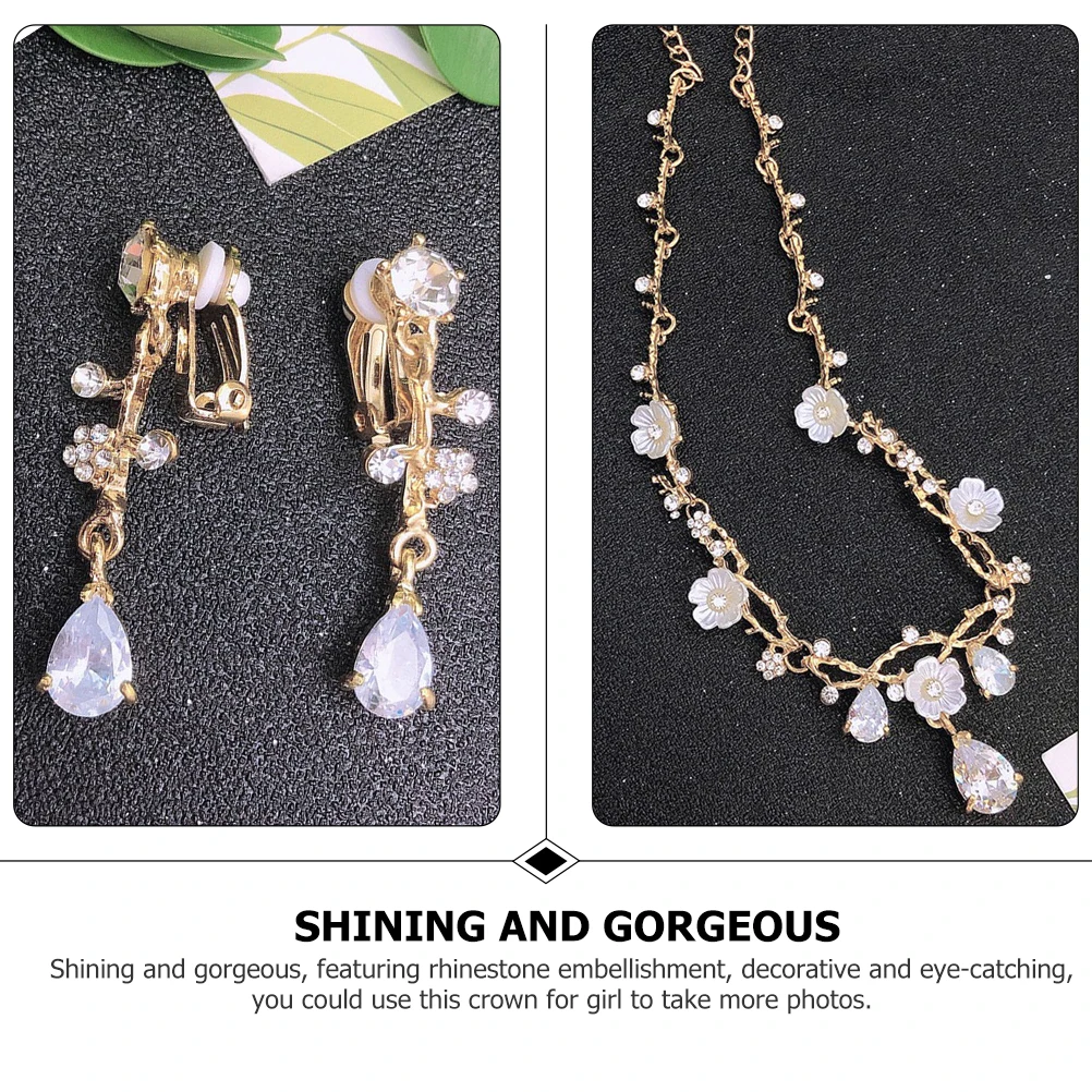 

1Set Rhinestone Crown Headband Little Girl Birthday Crown Ear Clips Earrings Necklace Party Cosplay Gift Tiaras for Girls