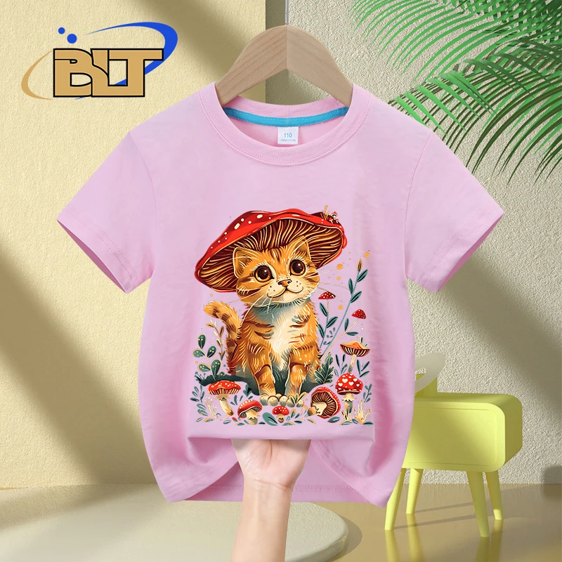 T-shirt à manches courtes en pur coton pour enfants, haut personnalisé, imprimé chat, chambre lente, cadeau pour filles, été