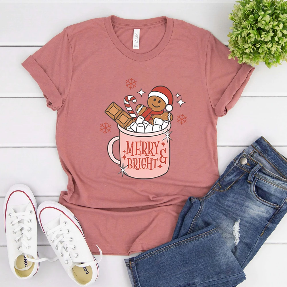 Gingerbread Retro Merry T Shirt Cute Xmas T-shirt Christmas Graphic T Shirts Merry Christmas Tee Womens Holiday Tops