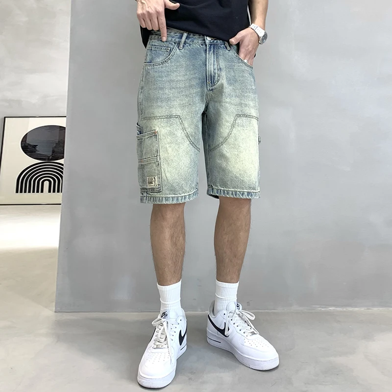 

Tooling Style Denim Shorts Men's Summer Loose Straight Retro High-End Trendy Fashion Joker Casual Distressed Cropped Pants