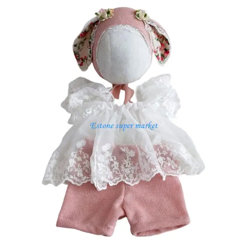 

090B Newborns Photography Outfit Girls Lace Dress Animal Ears Hat Soft Cotton For Baby Photoshoots Celebrations