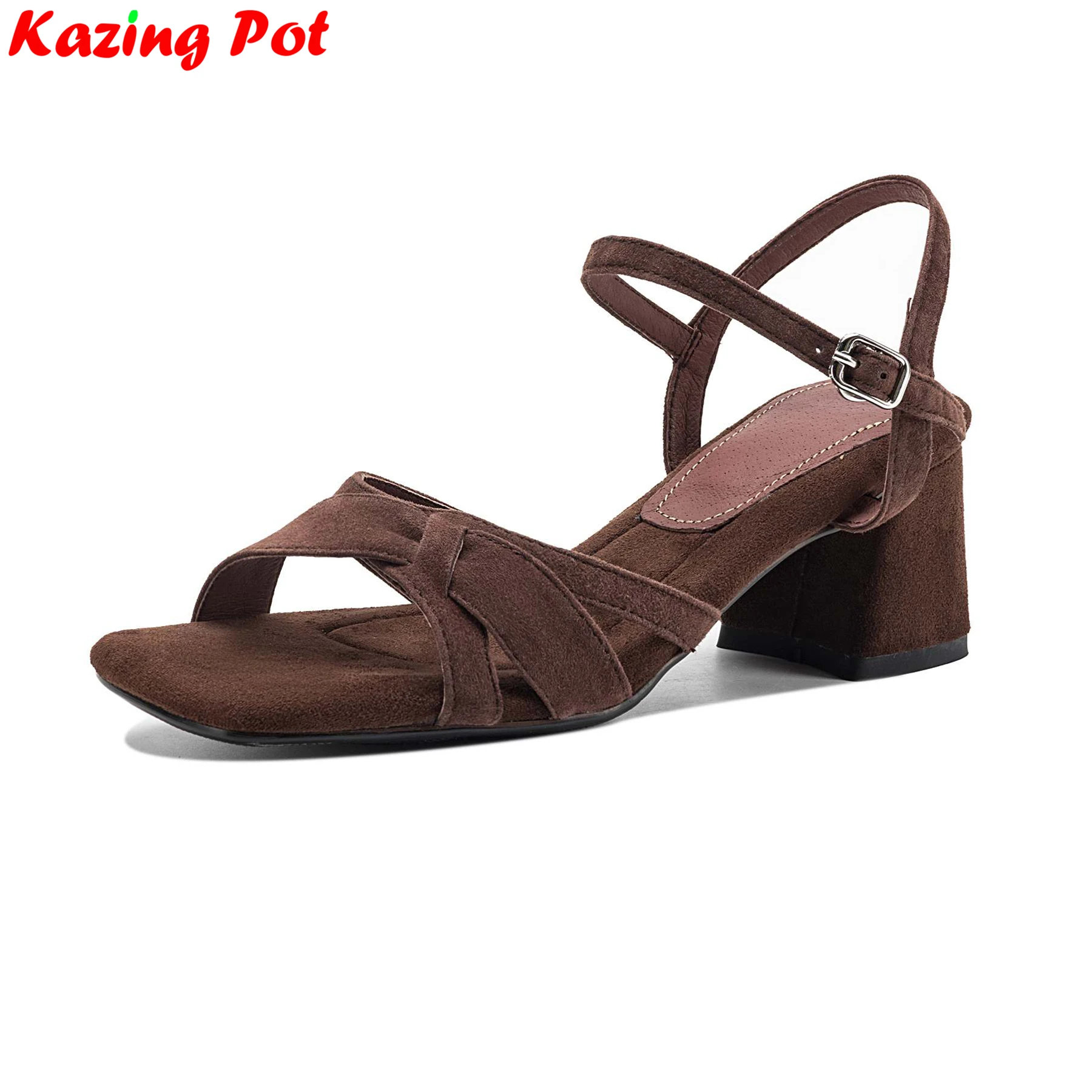 Krazing Pot Kid Suede Plus Size 34-42 Peep Toe Summer Shoes High Heels Classics Casual Black Color Fashion Modern Women Sandals