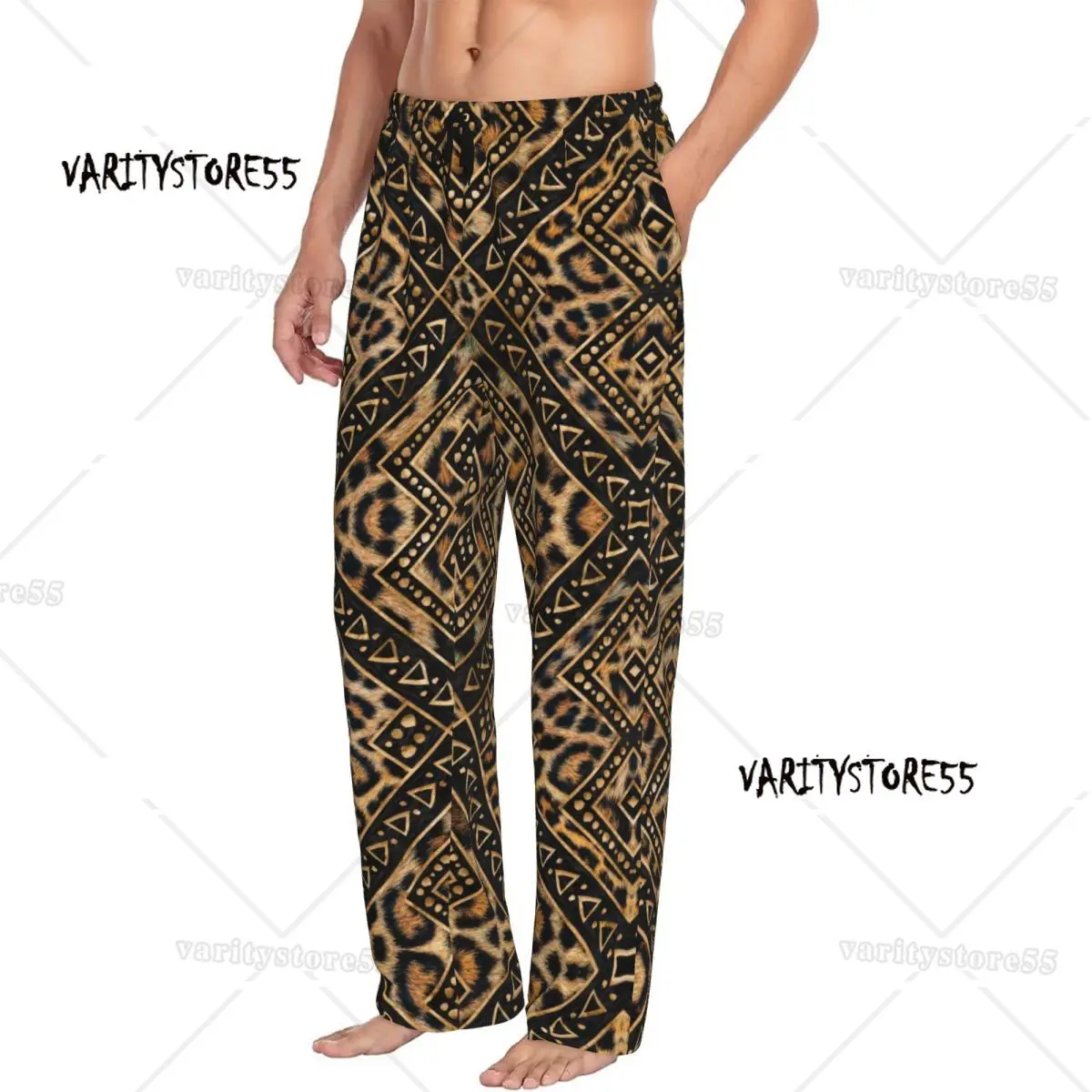Custom Print Leopard Fur Ethnic Tribal Geometric Ornaments Pajama Pants for Men Texture Sleep Sleepwear Bottoms with Pockets
