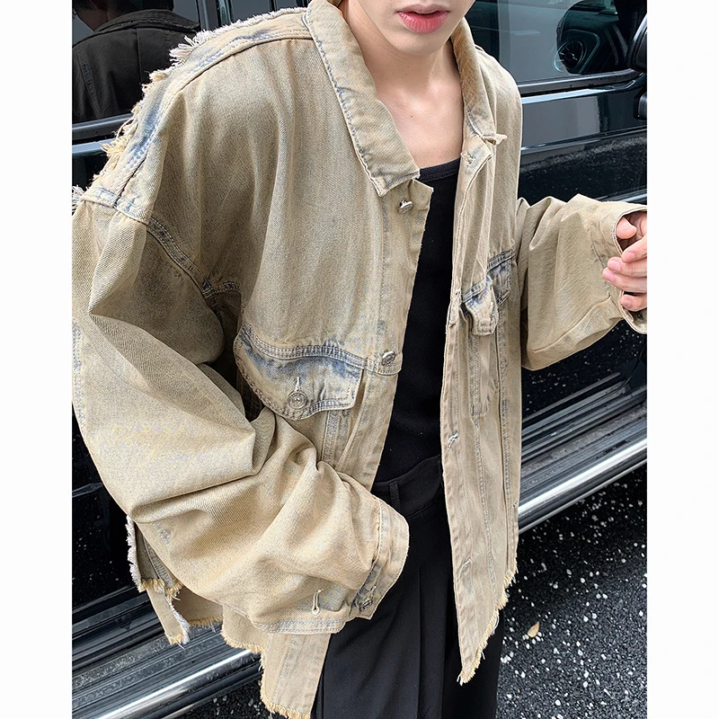 

Мужская джинсовая куртка в стиле ретро желтого глиняного цвета с потертостями, весенне-осенняя свободная повседневная верхняя одежда Haome, молодежная мода