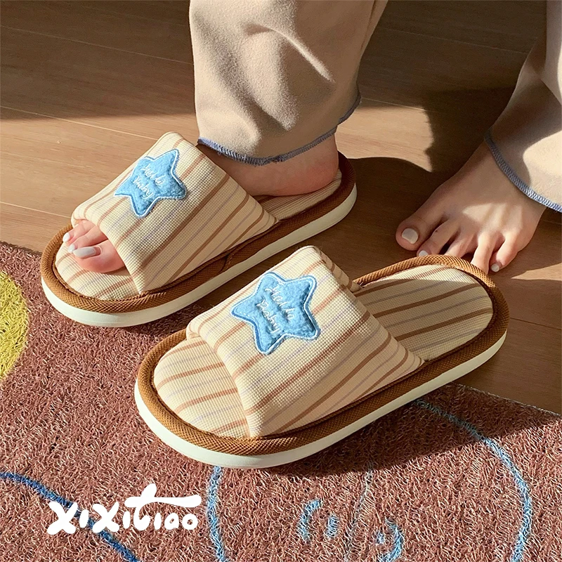 XIXITIAO Summer Cute Star Striped For Women Soft Comfort Indoor House Slides Casual Flat Shoes Open Toe Linen Cotton Slippers image 3