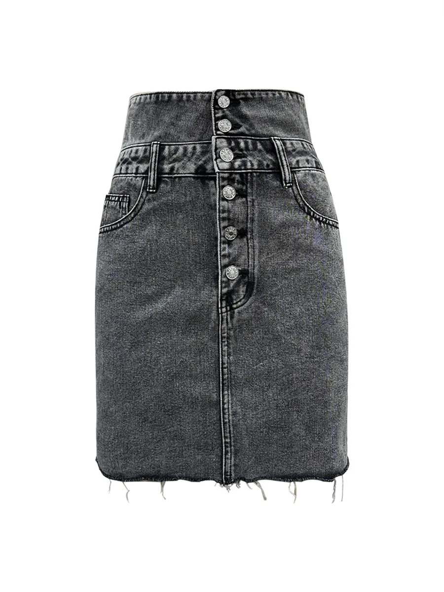 Benuynffy New Retro High Waisted Denim Skirt Women's Spring Fall Streetwear Button Fly Bodycon Raw Hem Mini Skirts with Pockets