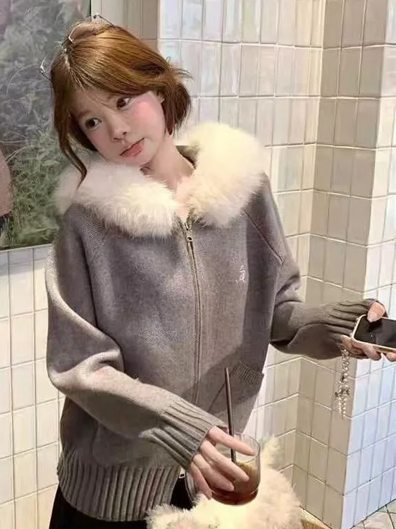 Zachte, gezellige luie Sle dames gebreide mutsjas met bontkraag Casual all-match open vest trui voor herfst en winter