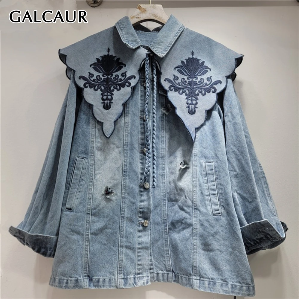 

Женская куртка GALCAUR синего цвета с вышивкой, воротником-стойкой, длинными рукавами, свободного кроя, в корейском стиле, осенняя модная коллекция