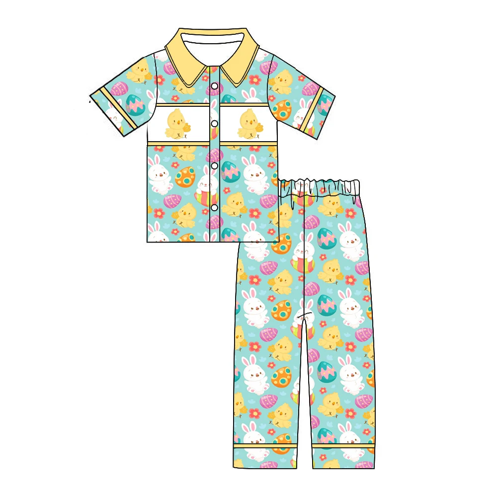 

Best-selling Easter-themed pajama set milk silk eatures puff sleeves ruffled collar heart-shaped pockets animal egg prints