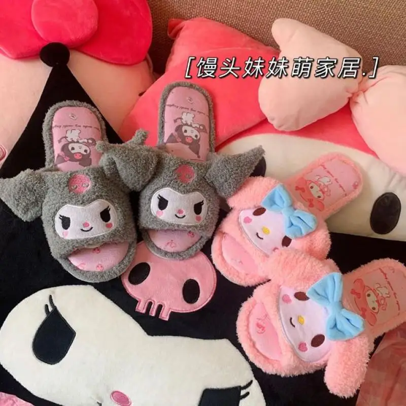 

Sanrio Cute Slipper Kuromi Mymelody Hellokitty Cinnamoroll Plush Open Toe Home Shoes Girl Heart Home Indoor Floor Slippers