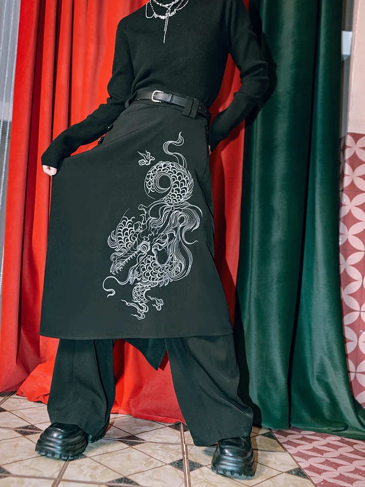 

New Chinese Style National Style Han Elements Dragon Pattern Printing Culotte Loose And Comfortable Fake Two Pieces Montage