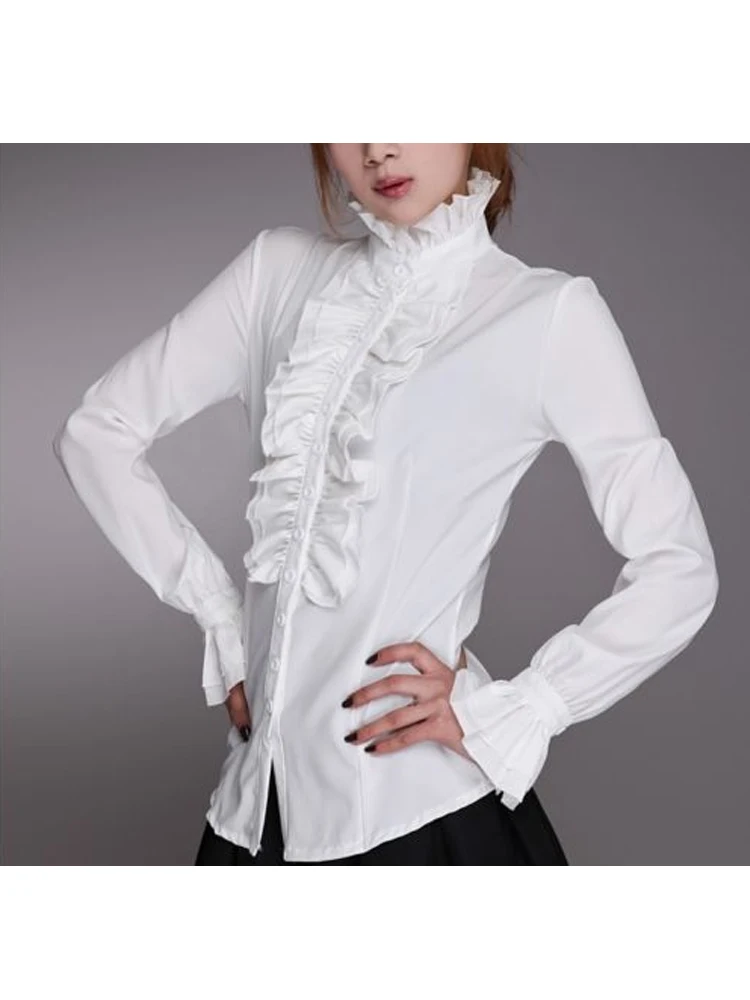 Fashion Victorian Womens Tops Ruffles Long Sleeve Frill Solid Color OL Office Shirt Frilly Cuffs High Neck Blouse Autumn Tops