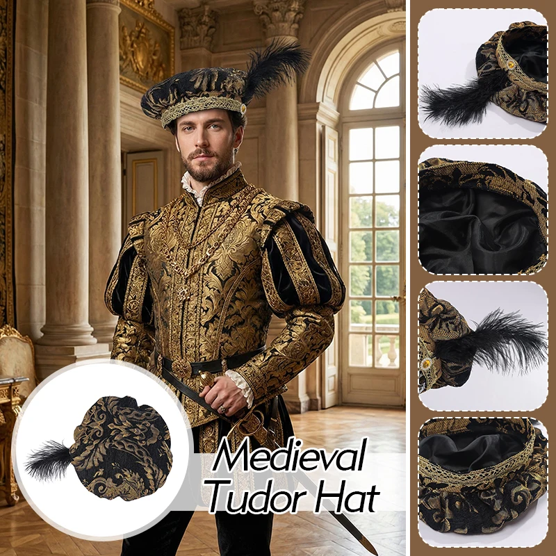 Medieval Tudor Hat With Feather Men Women Renaissance Elizabethan Victorian  Royal Bonnet Round Muffin Cap Cosplay Costume