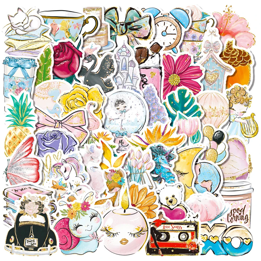 10/30/50pcs Hand Drawn Cute Animal Flowers Cartoon Stickers INS Style Aesthetic Decal DIY Luggage Laptop Guitar Graffiti Sticker
