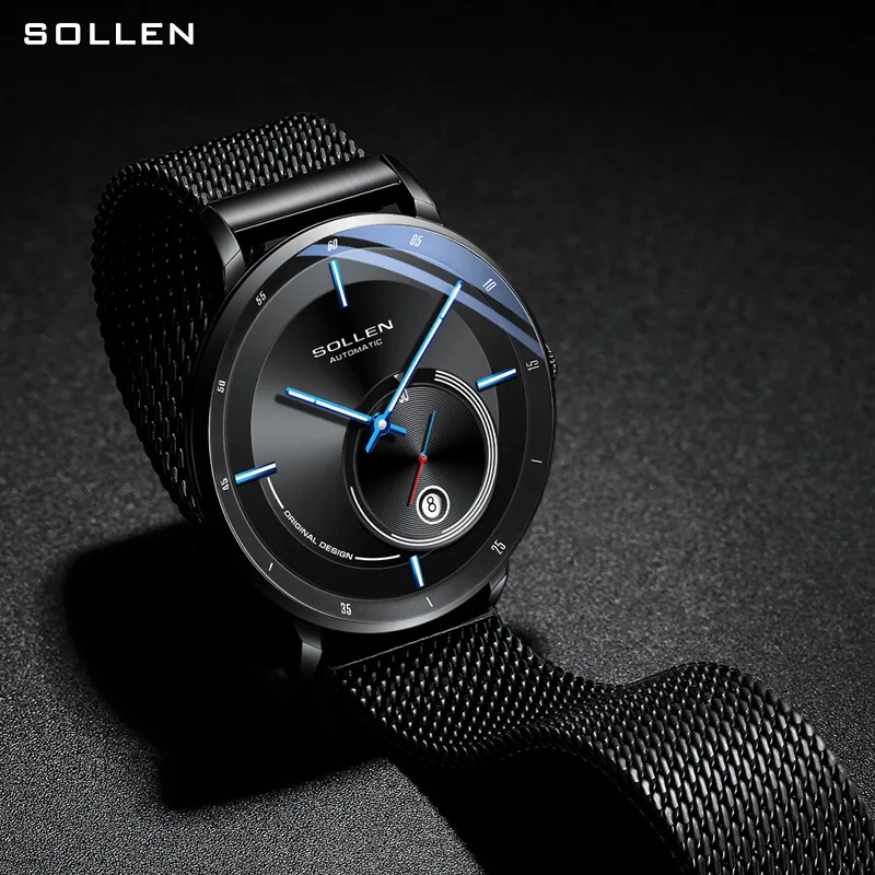 SOLLEN Stylish Sapphire Mirror Automatic Mechanical Watch Black Mesh Strap Men Watch Simple Calendar Display Reloj Hombre SL309