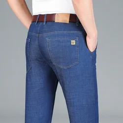 2023 Spring Summer Lightweight Fit Straight Men's Jeans Classic Business Clothes Thin Cotton Elastic High Waist Casual Trousers