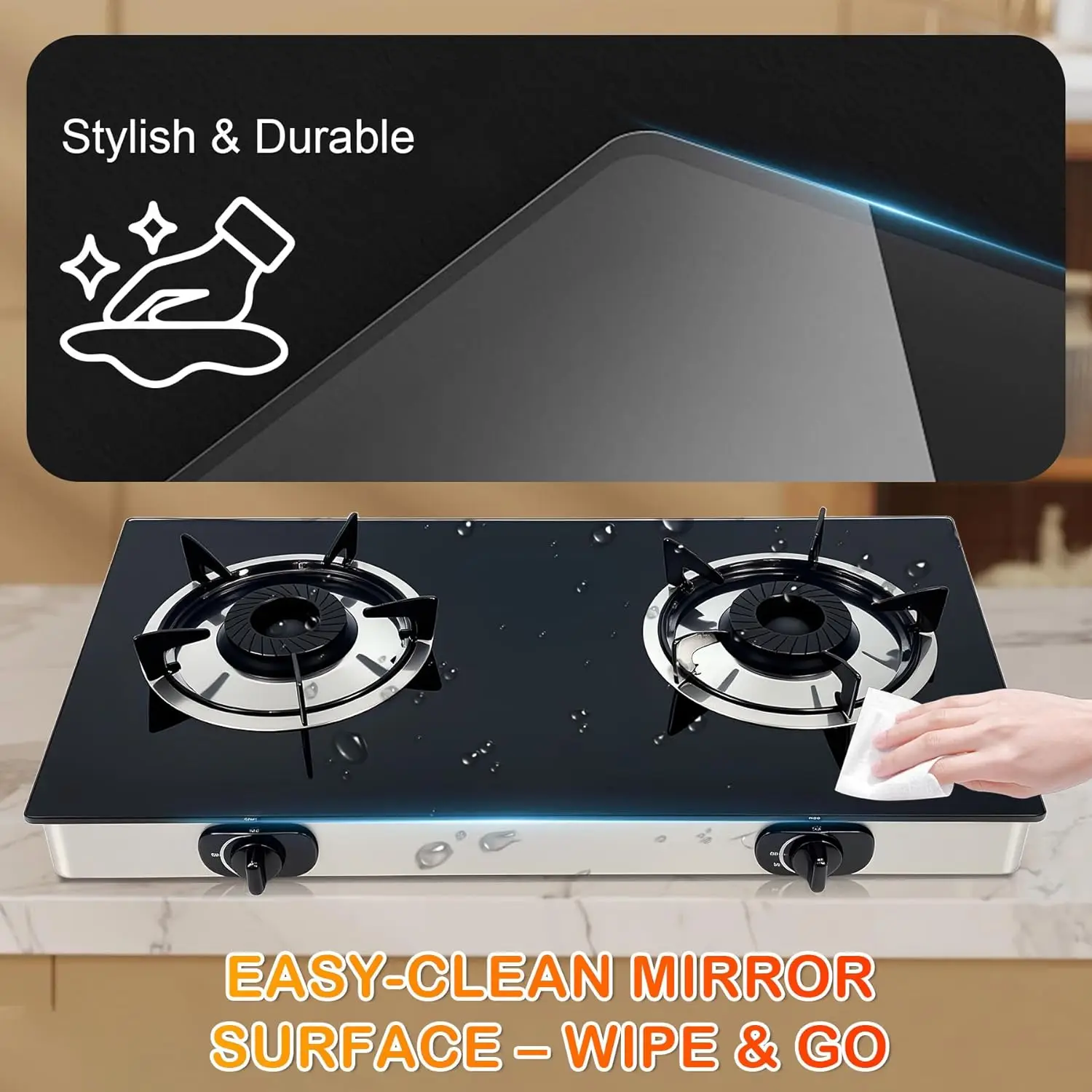 2 Burner Propane Gas Stove, Portable with Auto-Ignition, 20472 BTU, for Camping, RV & Emergency Use