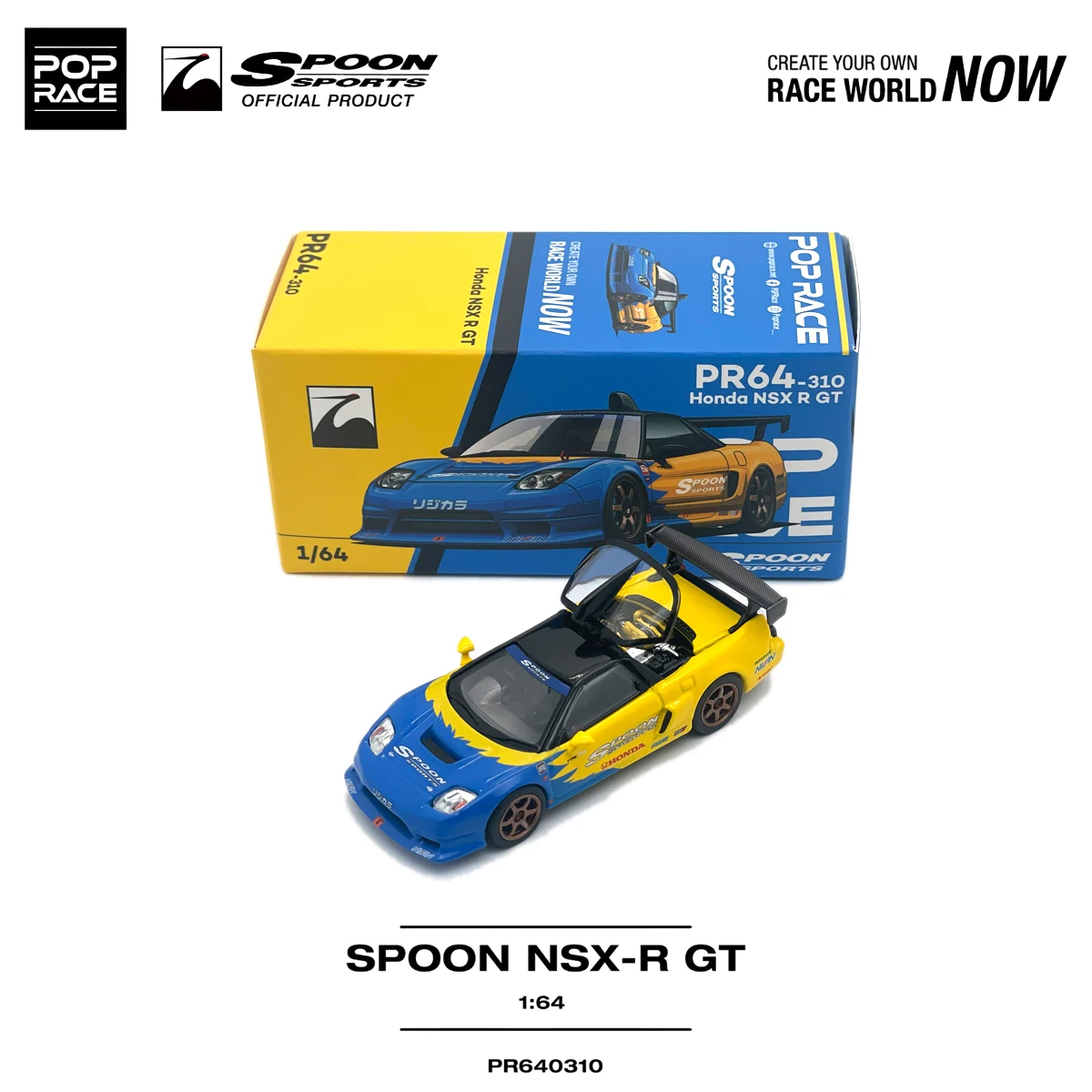 Pop Race PR640310 1:64 Honda NSX-R GT Spoon Sports Blue Yellow Open Targa Top JDM Diecast Model Car In Stock