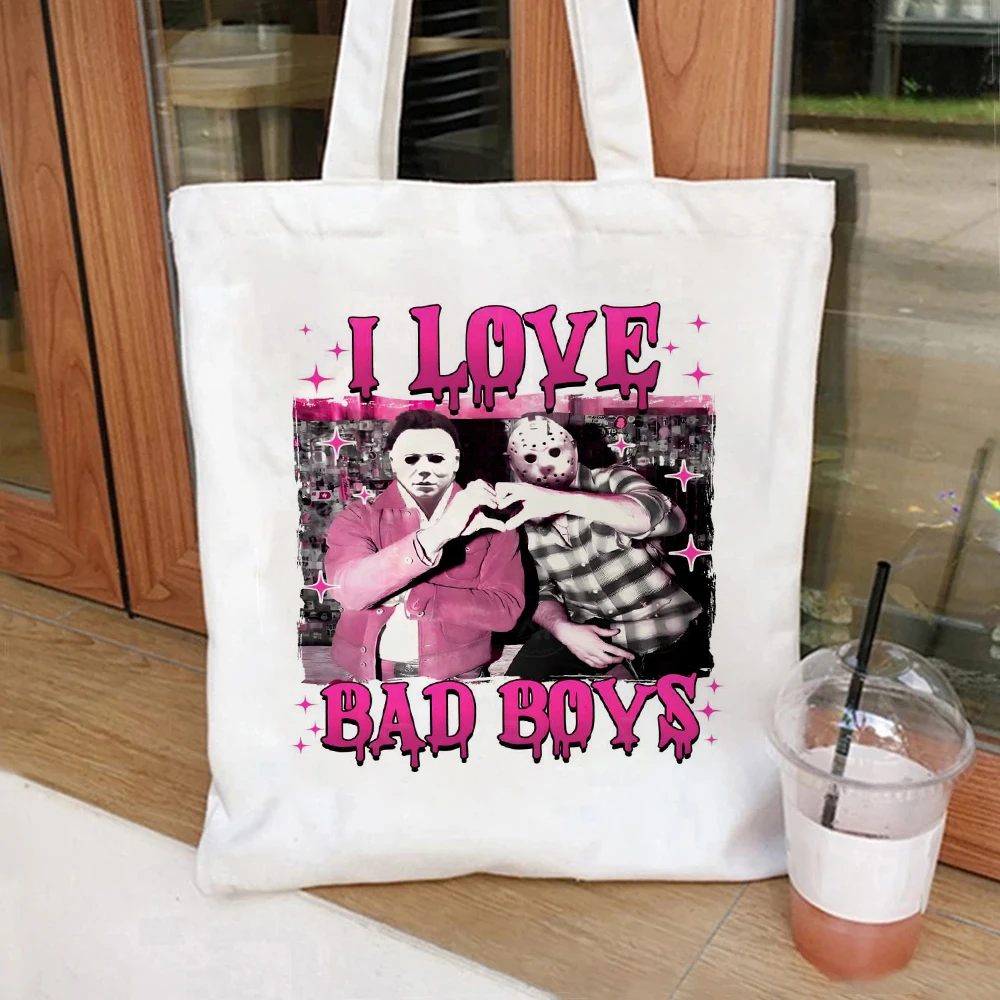 

I Love Bad Boys Funny Horror Film Killers Tote Bag Bookish Bag Canvas Tote Bag Large Capacity Shopping Bags Shoulder Handbag