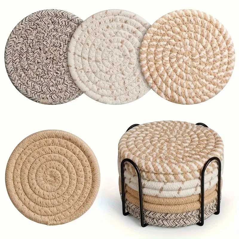 4/8 PCS Set Absorbent Coasters for Drinks, Minimalist Cotton Woven Coasters Coffee Table Decor Boho Cute Cup Coasters