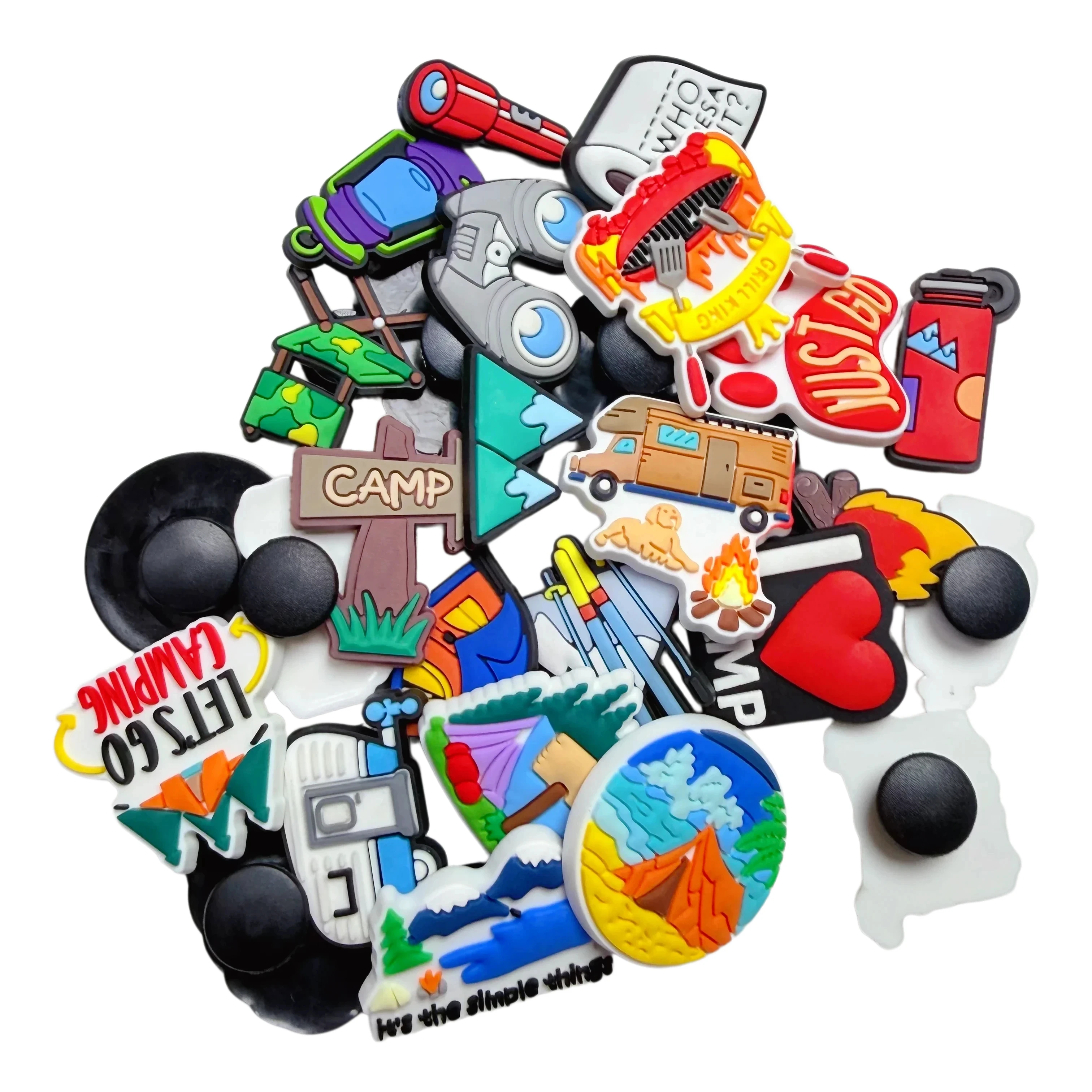 Wholesale 14-100Pcs Campfire Backpack PVC Sandal Buckle Decoration Let's Go Camping Shoe Charms DIY Adult Wristband