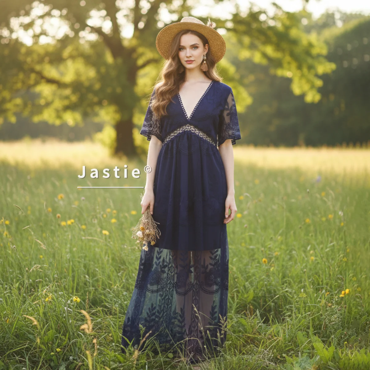 Blu navy estate Boho donna maxi abito ampio ricamo pizzo tunica lunga abito da spiaggia vacanza vacanza abbigliamento donna 2026