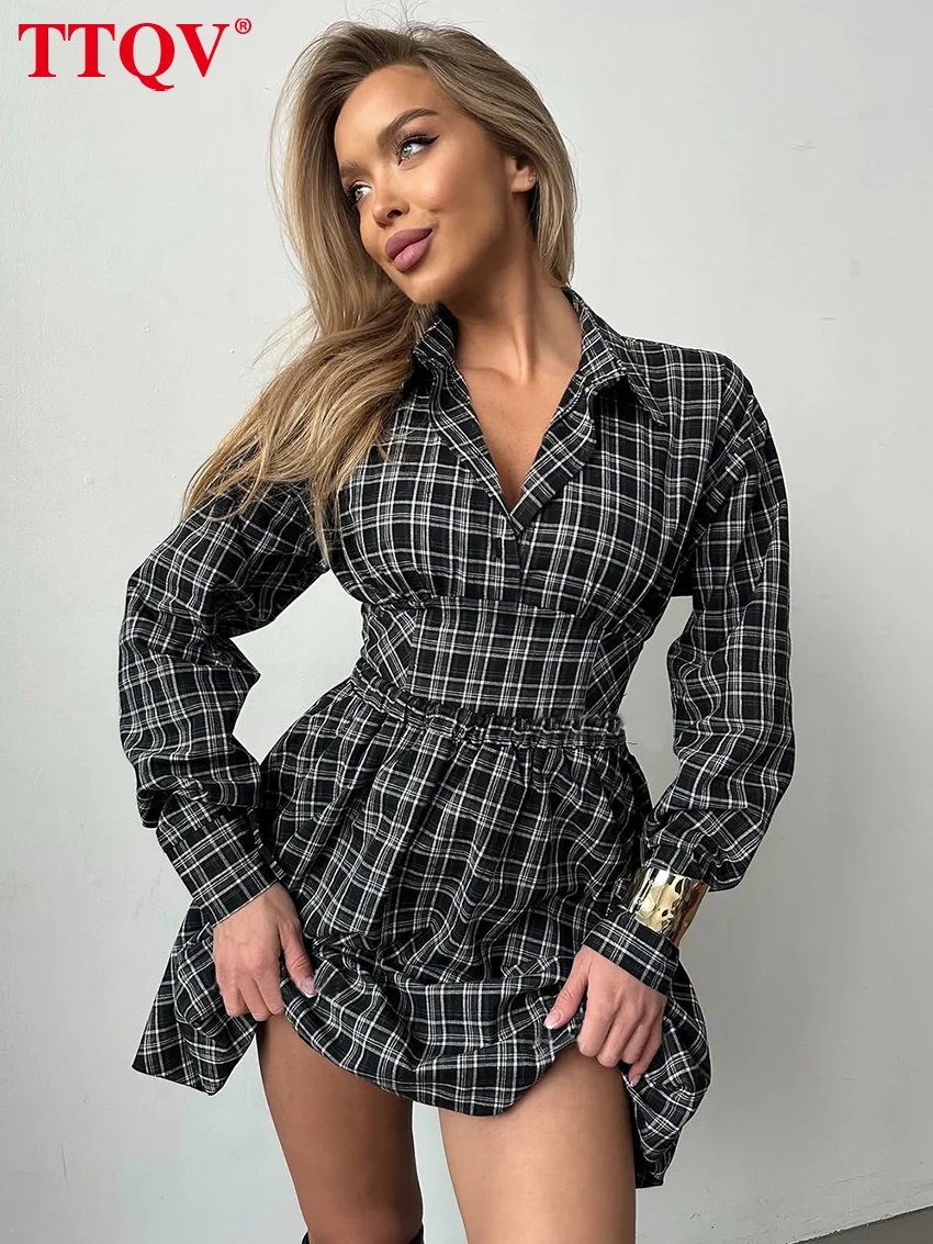 

TTQV Fashion Slim Black Plaid 2 Piece Set Women Elegant Long Sleeve Crop Shirt With High Waist Pleated Mini Skirt Set Female