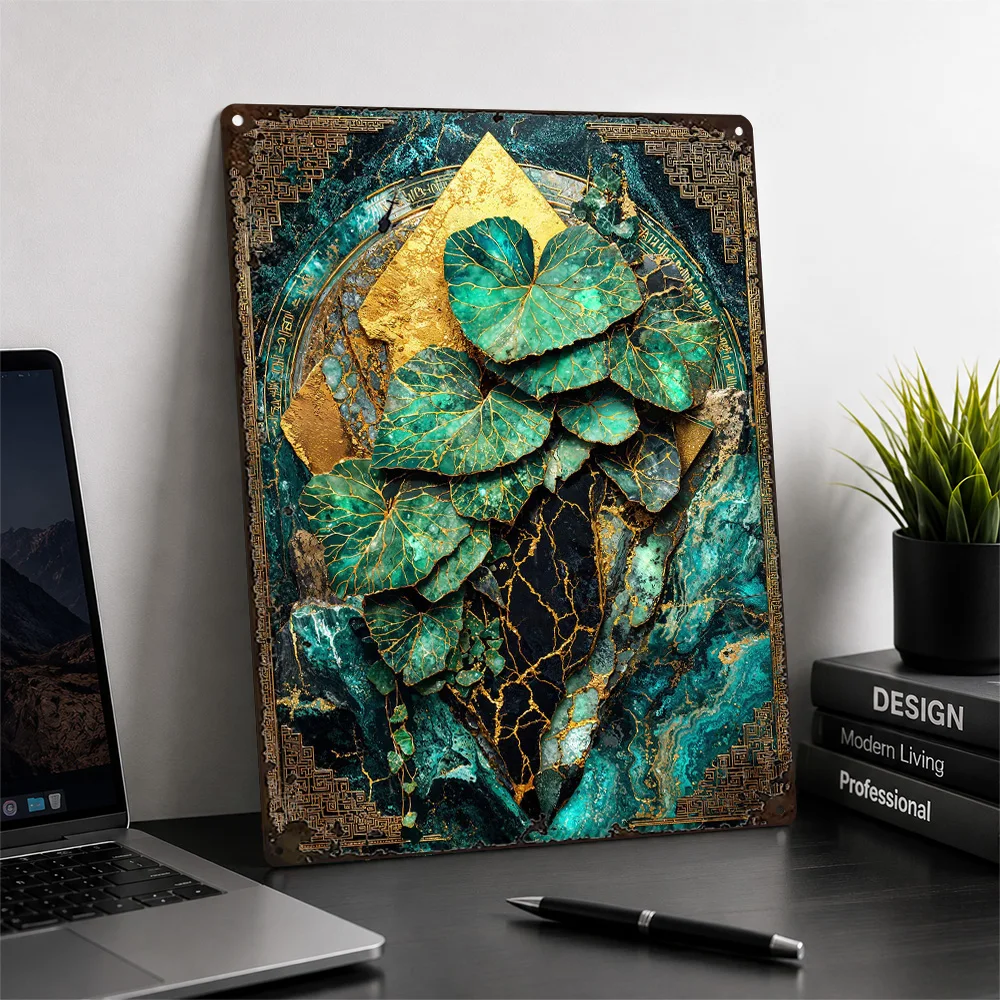 Golden Leaves Against Teal Aluminum Poster Sculptural Style Wall Art For Living Room Personalized Metal Sign Nature Lover Gift