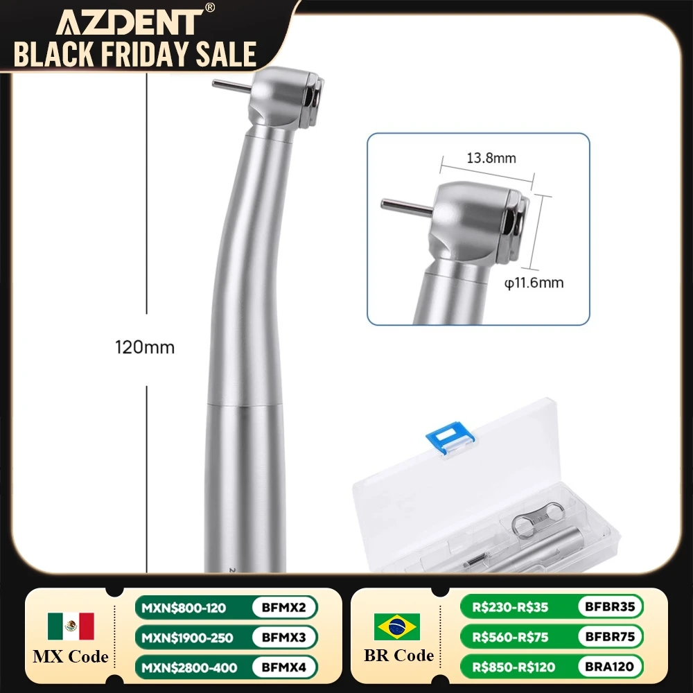 Dental High Speed Handpiece LED Fiber Optic AZDENT 3 Way Water Spray Push Button Standard Head Ceramic Bearing