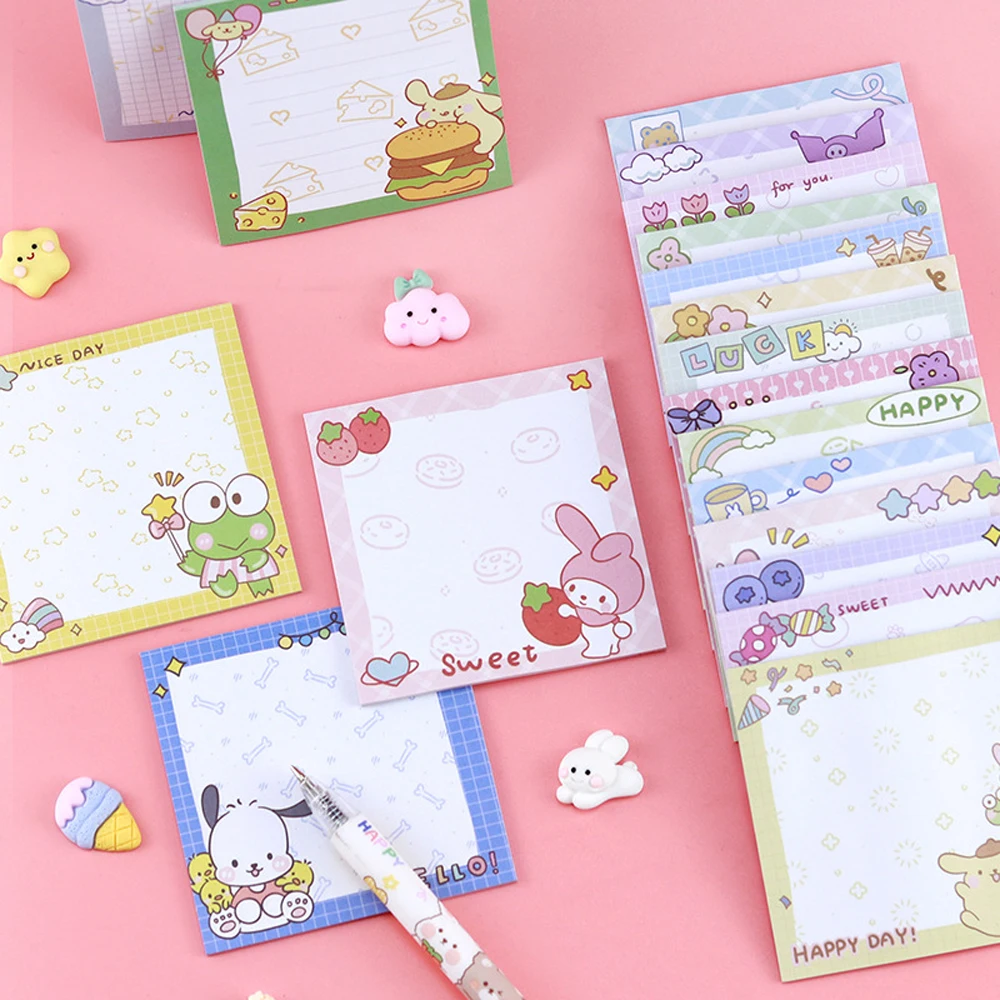 4PCS/Set Kawaii Anime Hello Kittys Card Pochaccos Cinnamorolls Kuromis Melodys Roll Student Memo Note Book Office Message Post