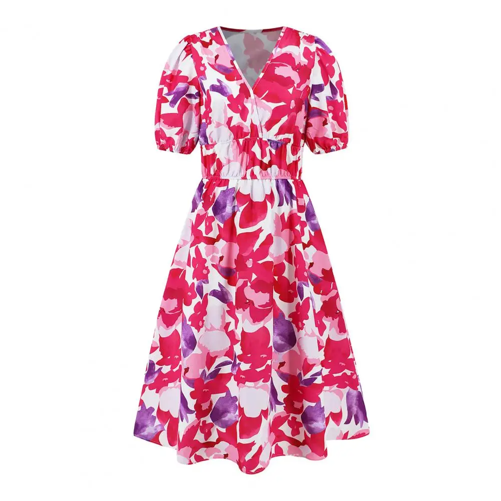 Vestido midi estampado floral boêmio feminino com elástico na cintura, linha A, vestido midi de praia, grande vestido de verão, decote V