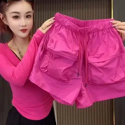 DAYIFUN-Hip Hop Cargo Pants for Women Oversized Fashion Hot Cycling Shorts Big Pocket Pants Solid Loose Pants Street Wear Y2K