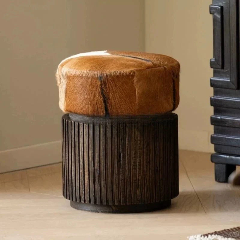 

Medieval style round antelope wool teak pier tea art dining stool living room single stool