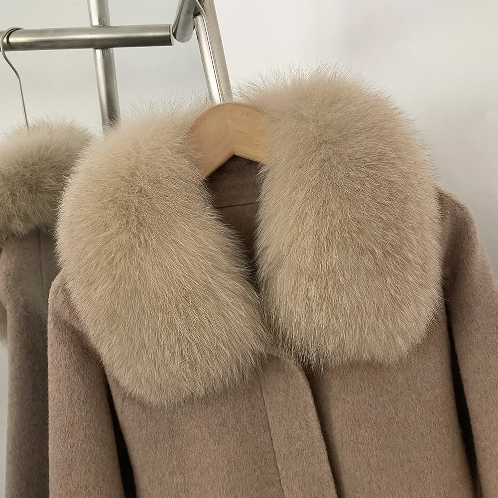 OFTBUY Neue Winter-Oberbekleidung für Damen, Kurze 100% Reine Wolljacke, Übergroßer Echter Fuchspelzkragen, Reißverschluss-Kurzmantel für Damen – Detail 4