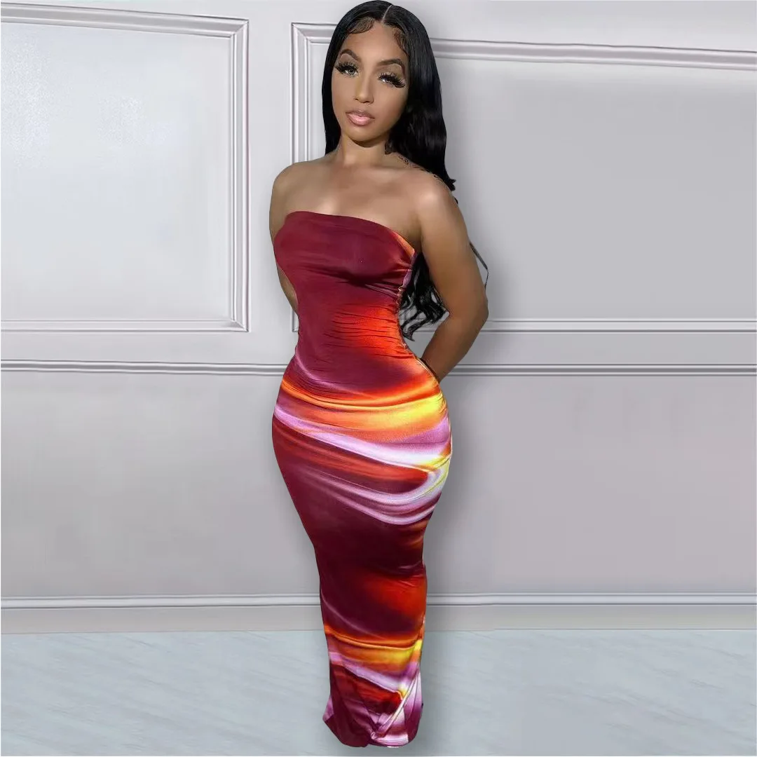 Long Ankle-length Sexy Off-the-shoulder Tube Top Positioning Print Split-ended Dress 2026 Spring And Summer New Temperament