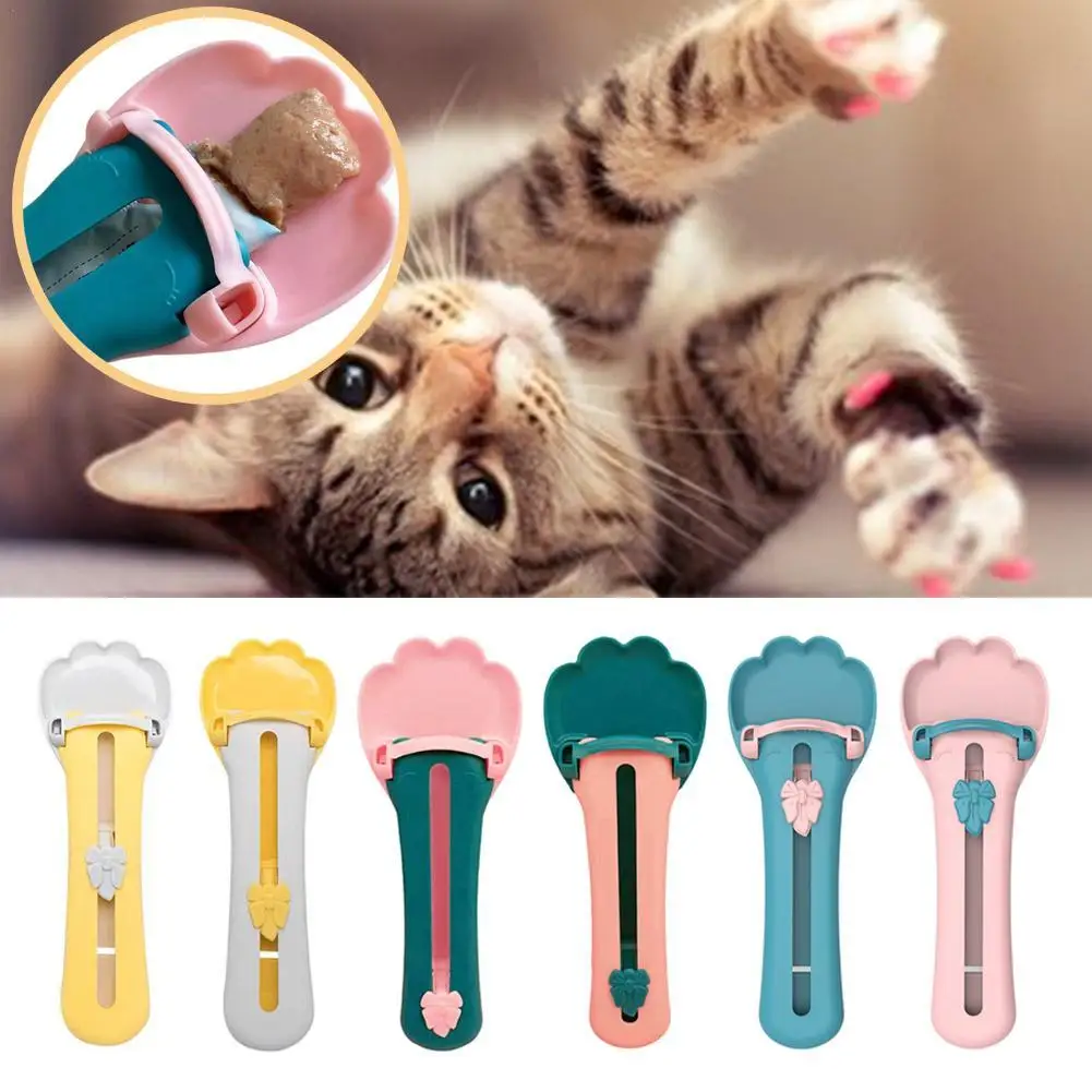 Portable Pet Cat Feeding Scoop Multipurpose Long Strip Cat Snack Squeezer Feeder Spoon Button Push Design Pet Supplies