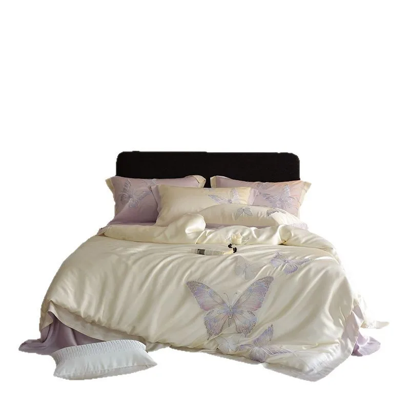 Light luxury 100 fine Tencel four-piece set Silky slippery sleeping bed sheet quilt cover Summer ice silk bed