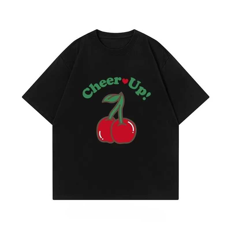 

2025 Summer New Trend Cartoon cherry print T-shirt cotton fashionable casual short-sleeved men's and women's top High quality T