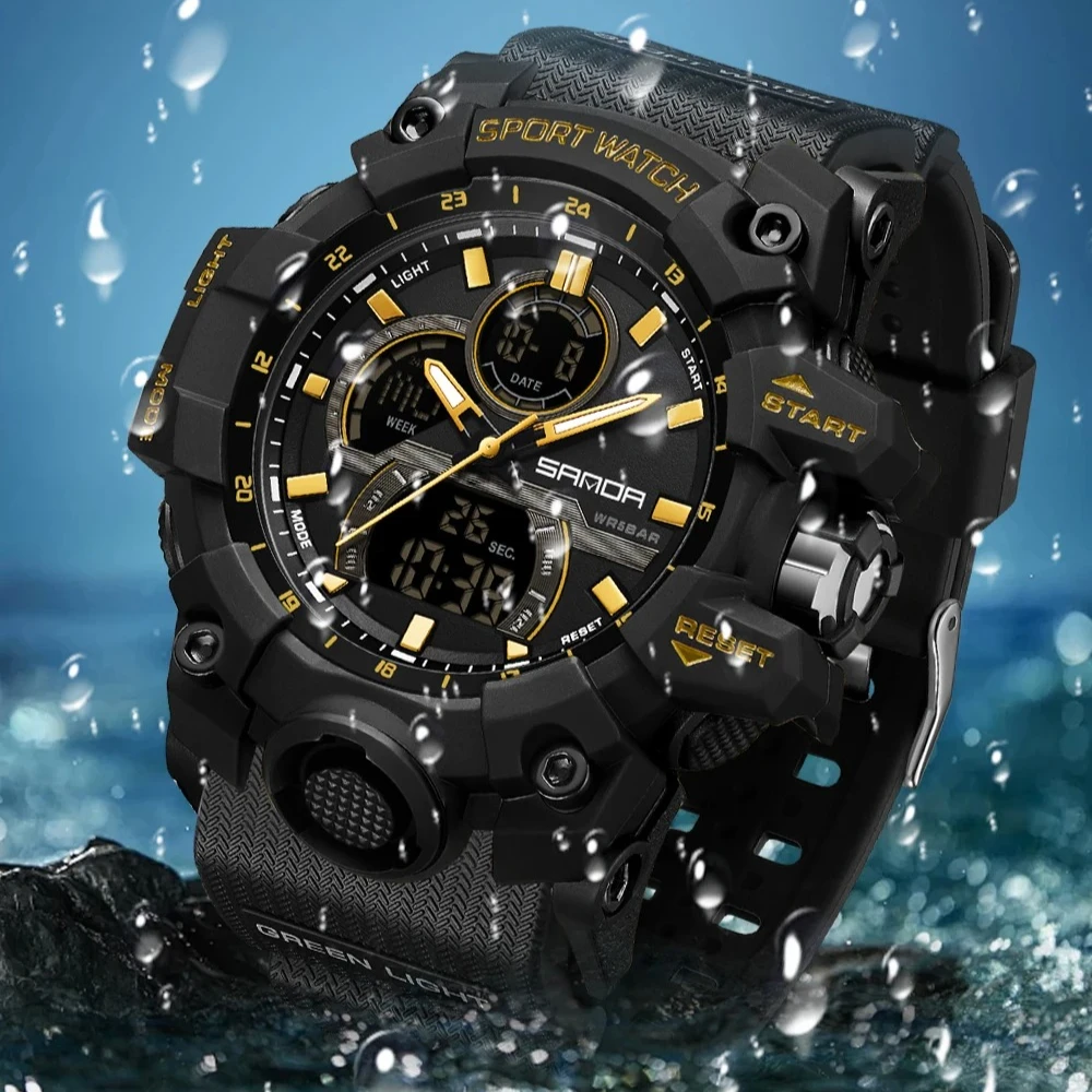 SANDA 6198 Fashionable Cool Night Light Dual Screen Multi functional Outdoor Sports Waterproof Men's Electronic Quartz Watch