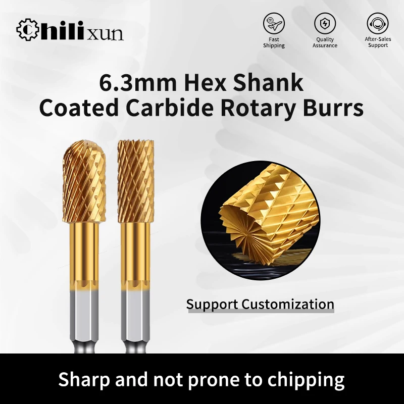 HILIXUN Titanium Coating Rotary Burrs Rotary File Hexagon Shank Abrasive Tools Engraving Grinding Polishing Bit for Metal Wood