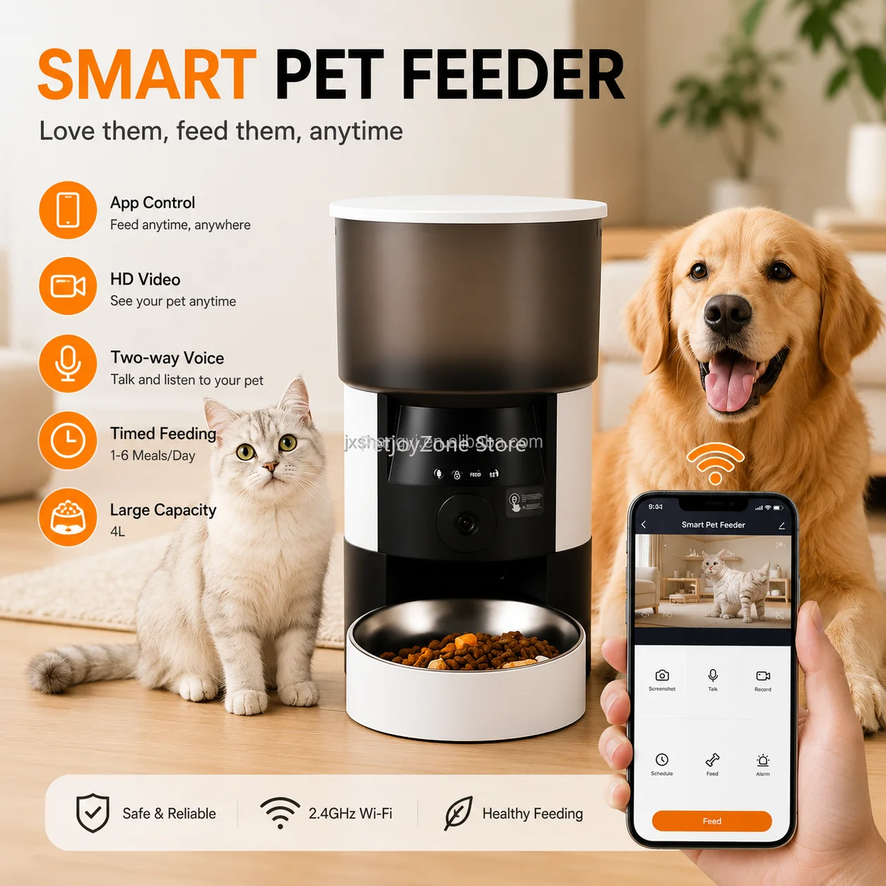 Comedero Inteligente para Mascotas de 3L con Motor Silencioso, Cámara, WiFi, Control Remoto por Aplicación, Dispensador Automático de Comida para Gatos con Recipiente de Acero Extraíble