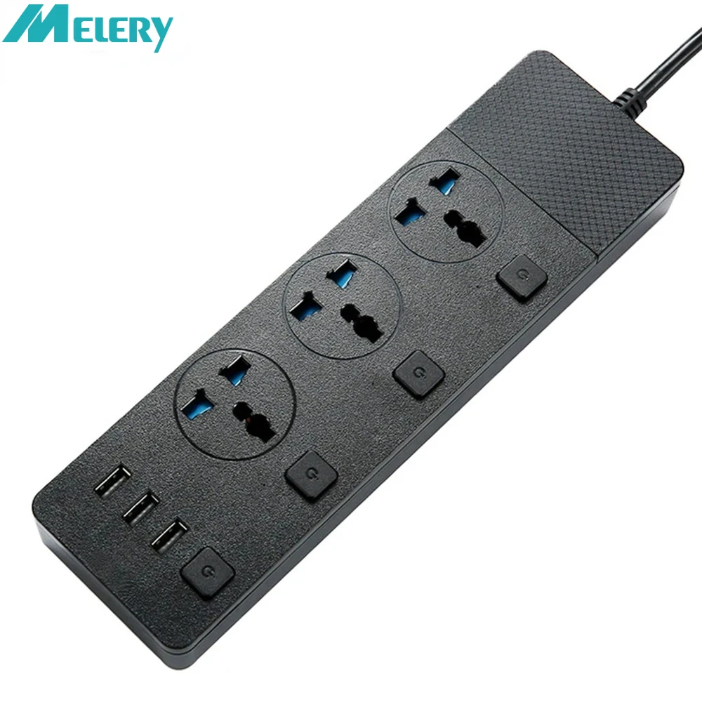 Multiple Power Strip Surge Protector 3 Way Universal Extension Sockets Lead Outlets USB Plug 2m Cord Switch Fuse Shutter