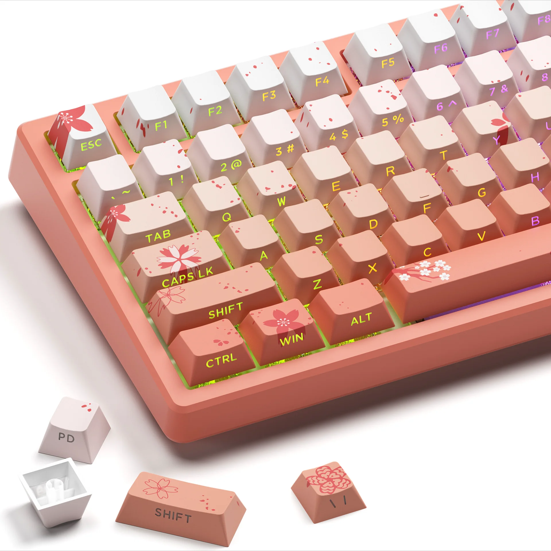 

Pink Sakura Keycap Set PBT Side Engraved Translucent 132 Keys Gradient Color for 60/64/84/98/108 Mechanical Keyboard MX Switch